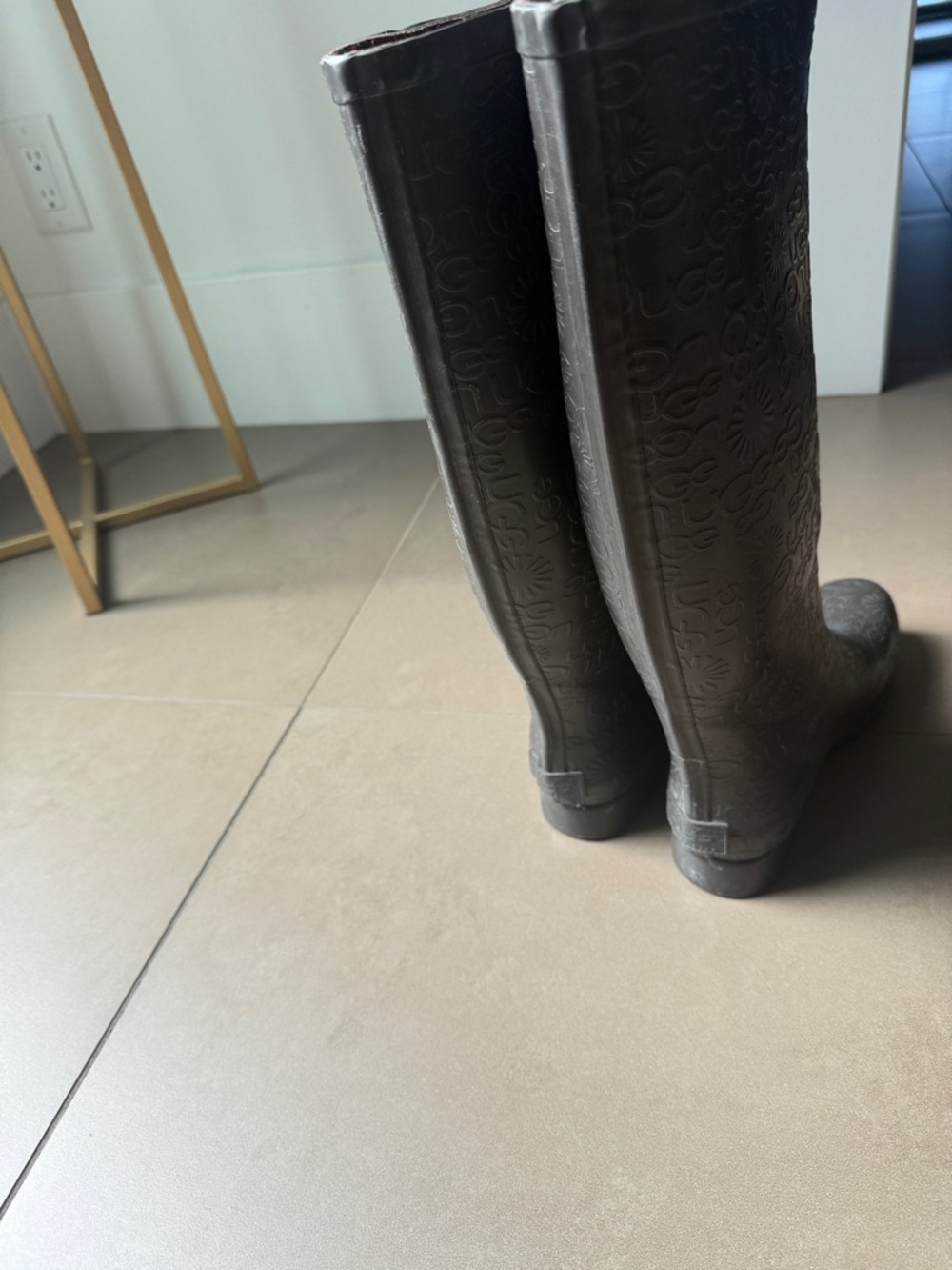 Ugg Embossed Tall Rain Boots in Dark Brown